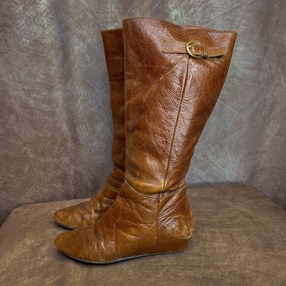 Steven by Steve Madden Intyce Leather Riding Boots Tan Wedge Heel Women's 7M Y2K - Picture 1 of 11